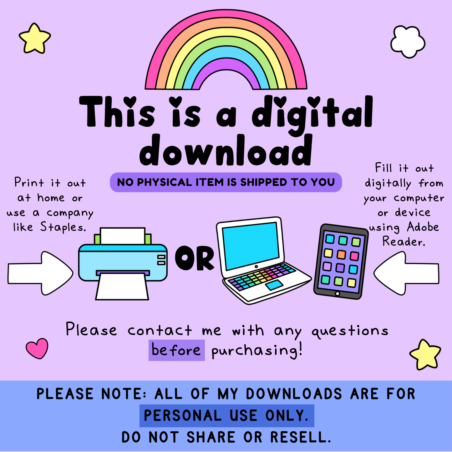 Illustration with a pastel purple background showing a colorful rainbow, a blue printer, laptop, and tablet, with friendly black text about digital download instructions.