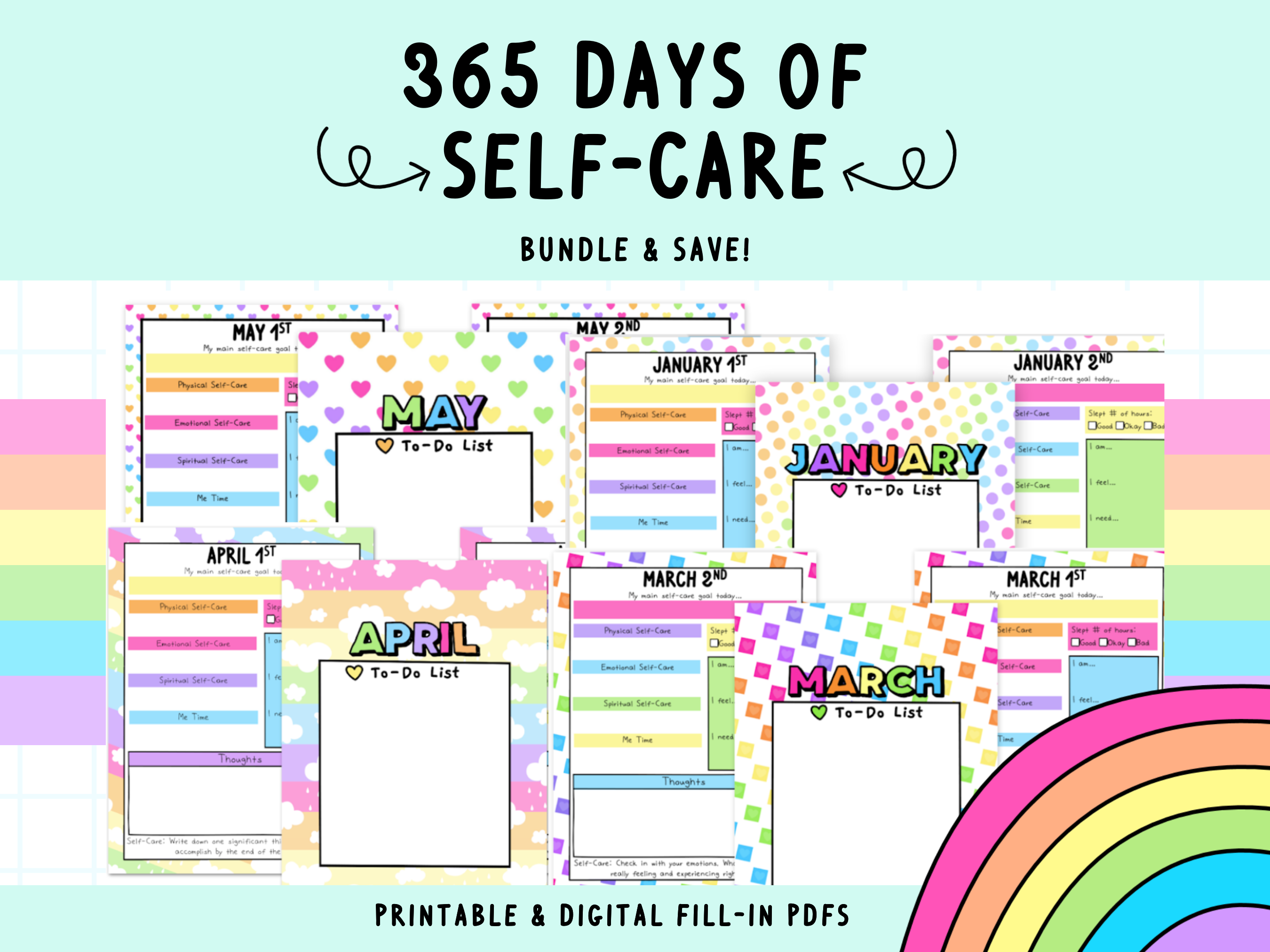 Daily Self Care Worksheets Bundle Selfloverainbow