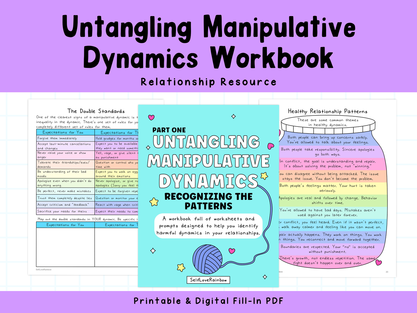 Workbook cover in soft teal with black and white text titled "Untangling Manipulative Dynamics" surrounded by stars and hearts, flanked by pages with handwritten notes in black on white paper, all set against a purple background.