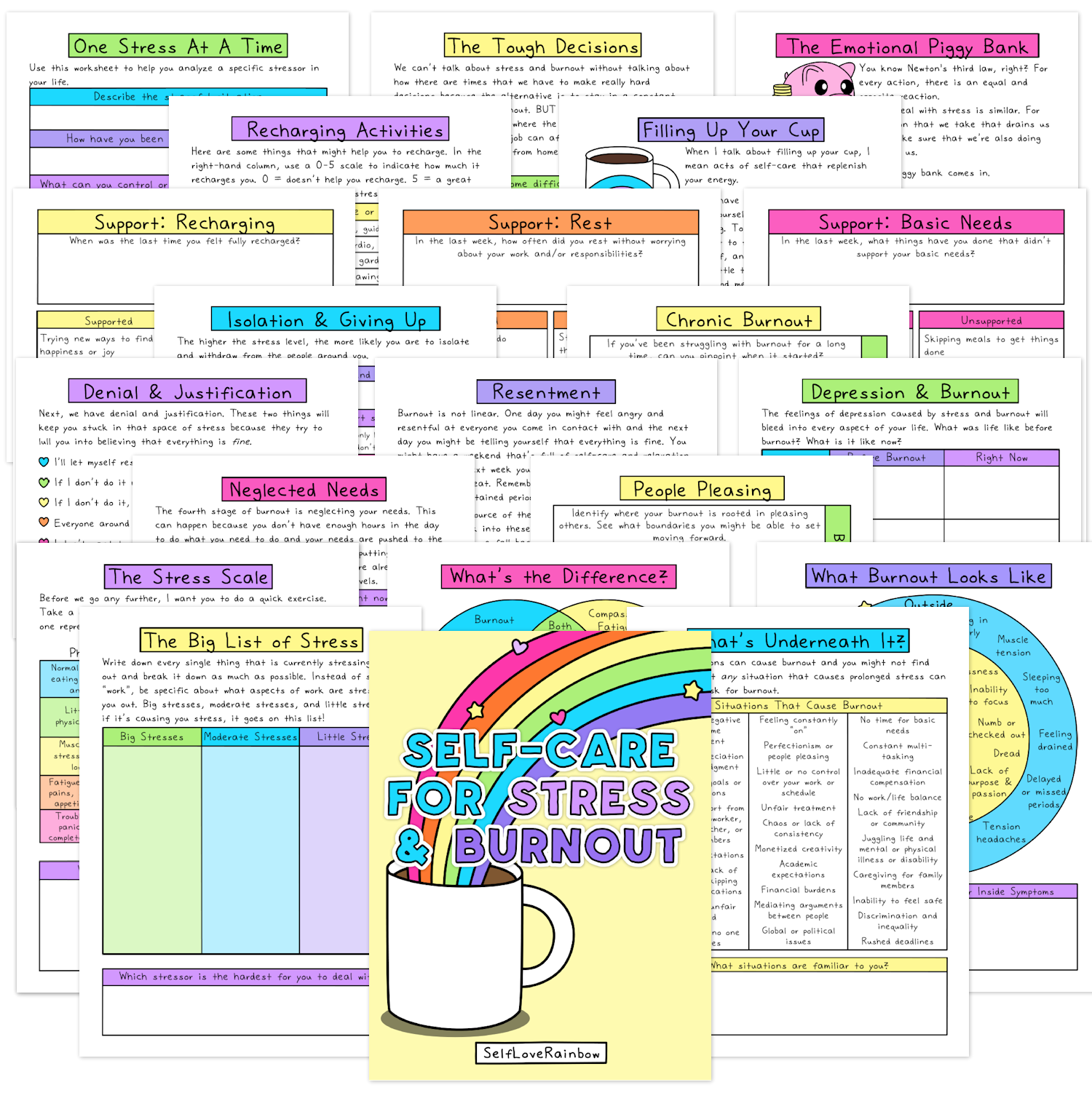 Colorful self-care worksheets for stress and burnout featuring rainbow-themed headers and sections in green, purple, blue, orange, yellow, and pink.