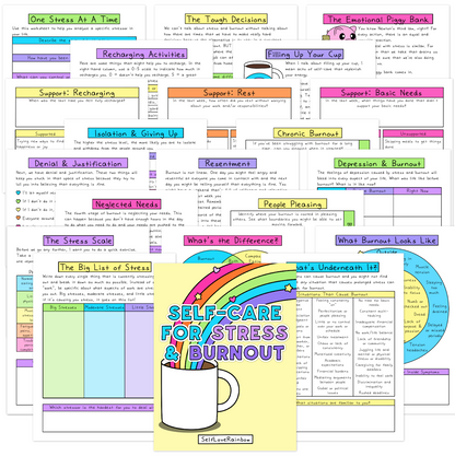 Colorful self-care worksheets for stress and burnout featuring rainbow-themed headers and sections in green, purple, blue, orange, yellow, and pink.