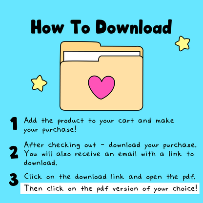 Illustration on a bright blue background explaining steps to download a product, featuring a beige folder with a pink heart and yellow stars, with casual black text instructions for self-care worksheet access.