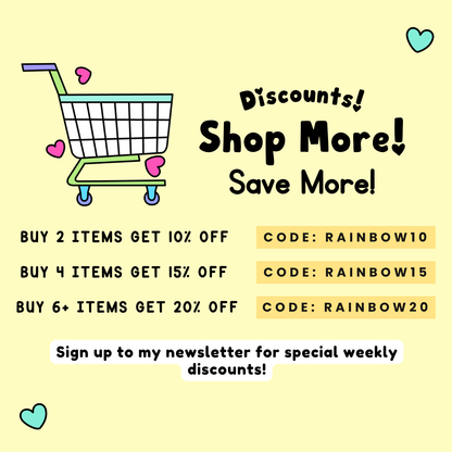 Light yellow background with a pastel green and purple shopping cart graphic, colorful heart icons, and black text promoting discounts and codes for buying multiple items.