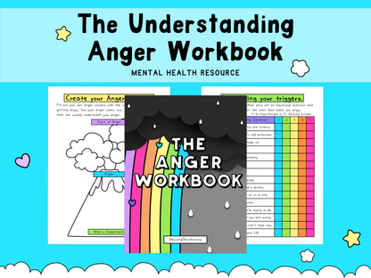 Cover and sample pages of a colorful anger workbook with a black and gray cover featuring a rainbow emerging from a volcano, set against a light blue background with clouds, stars, and hearts.