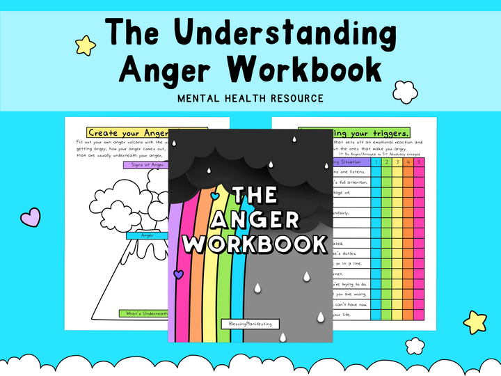 Cover and sample pages of a colorful anger workbook with a black and gray cover featuring a rainbow emerging from a volcano, set against a light blue background with clouds, stars, and hearts.