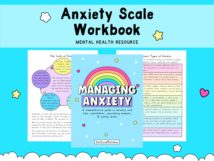 Blue background with white clouds at the bottom and colorful mental health workbook pages, including a blue cover featuring a rainbow and text about managing anxiety.