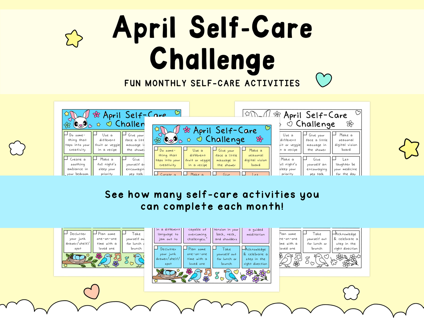 Colorful April self-care challenge worksheets featuring playful illustrations and pastel shades of yellow, blue, and pink promoting mental health activities.