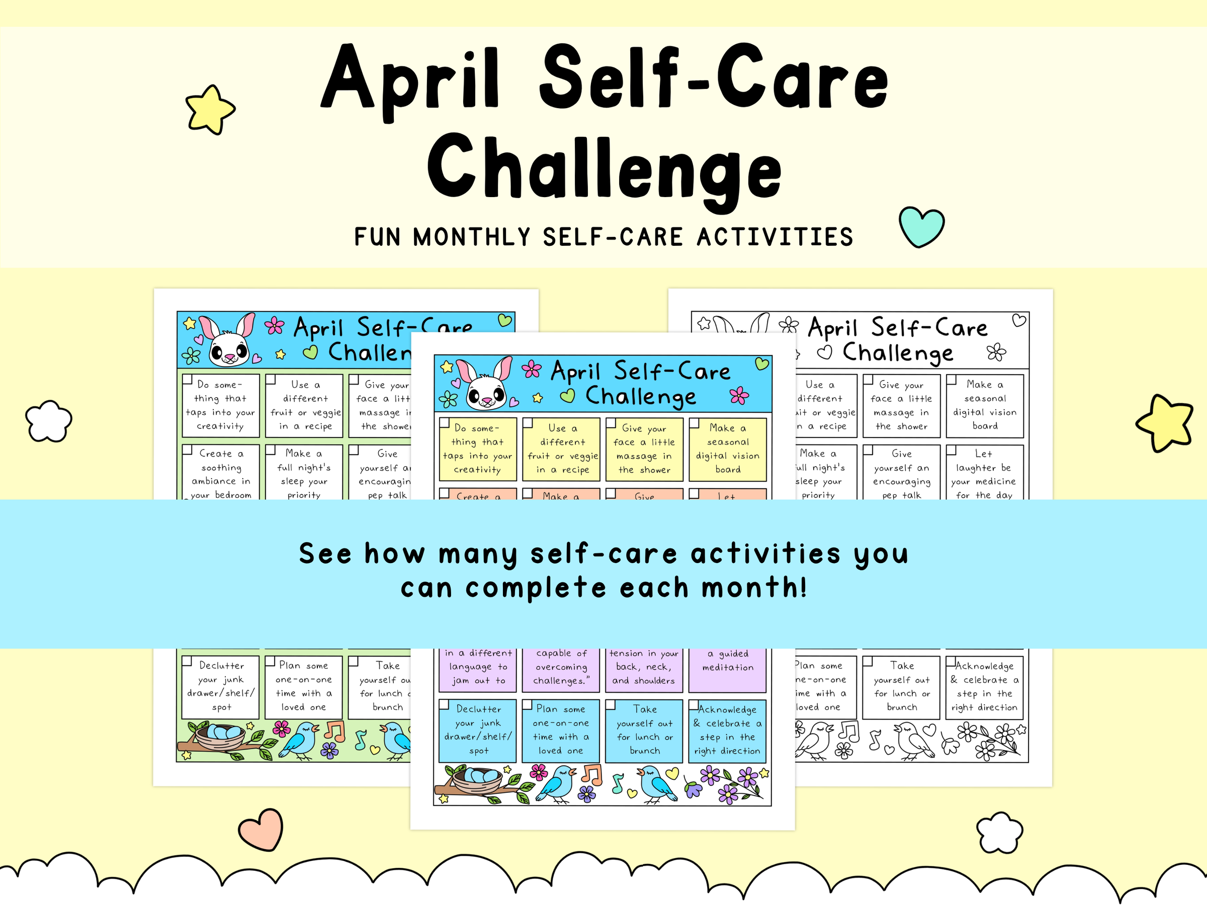 Colorful April self-care challenge worksheets featuring playful illustrations and pastel shades of yellow, blue, and pink promoting mental health activities.