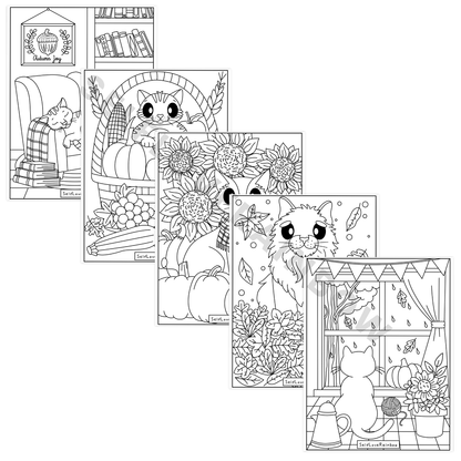 Cozy Autumn Cats Coloring Pages