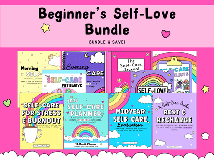 Colorful self-care worksheets and planners with pastel yellows, pinks, purples, and blues featuring rainbows and uplifting designs for mental health support.