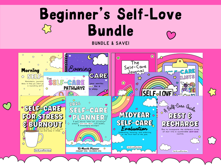 Colorful self-care worksheets and planners with pastel yellows, pinks, purples, and blues featuring rainbows and uplifting designs for mental health support.