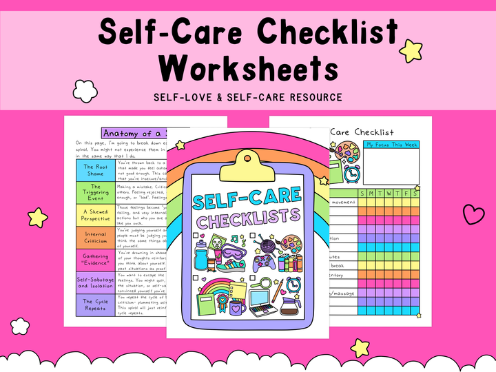 Self-Care Checklists: Colorful PDF worksheets with icons and tips for personal wellness, printable and digital.