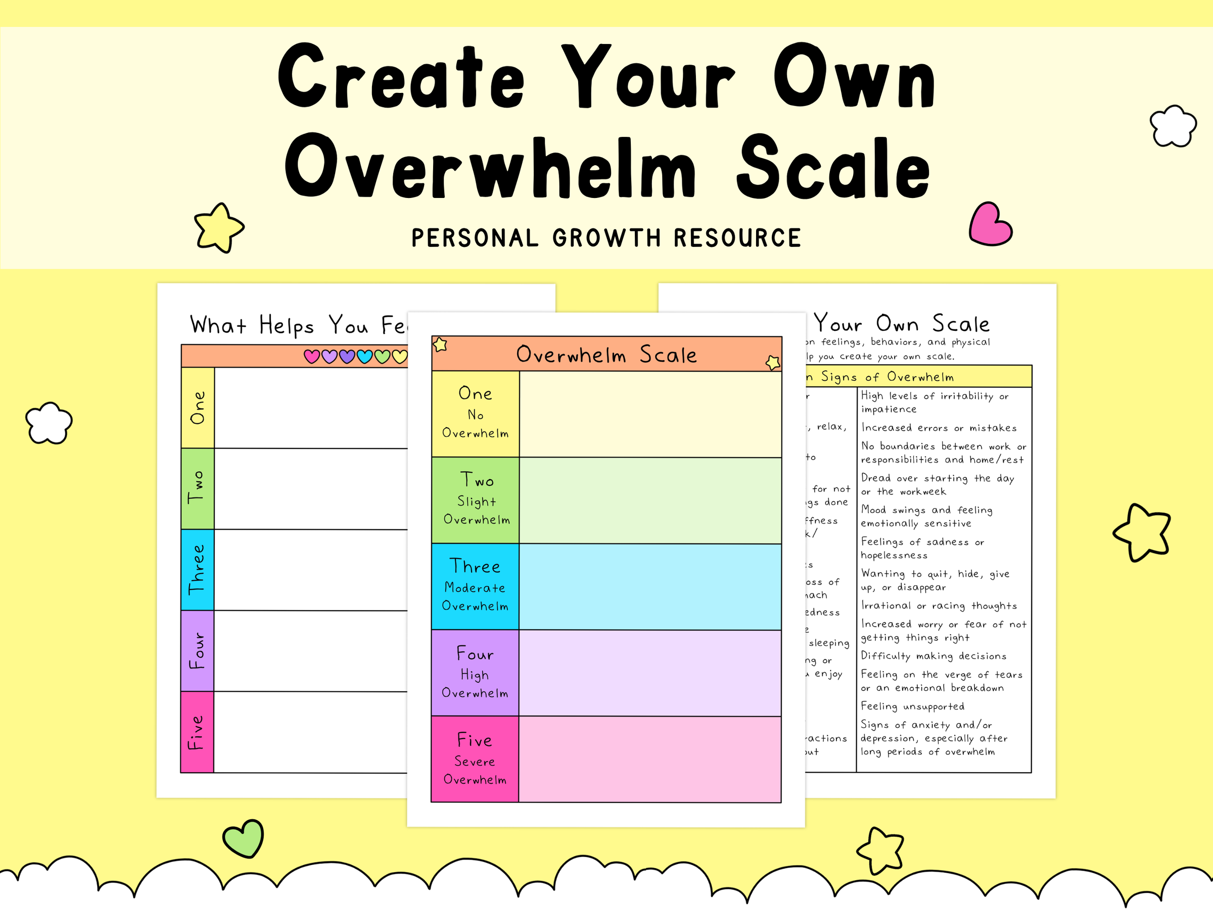 Colorful overwhelm scale worksheet with sections in soft pastel yellow, green, blue, purple, and pink, surrounded by a playful yellow background with stars and hearts, designed to support mental health and self-care reflection.