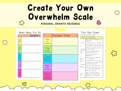 Colorful overwhelm scale worksheet with sections in soft pastel yellow, green, blue, purple, and pink, surrounded by a playful yellow background with stars and hearts, designed to support mental health and self-care reflection.