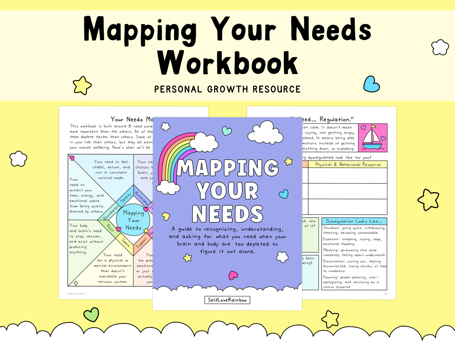 A pastel purple workbook cover titled "Mapping Your Needs" with rainbow, clouds, and hearts illustrations, shown alongside colorful self-care worksheets on a soft yellow background.
