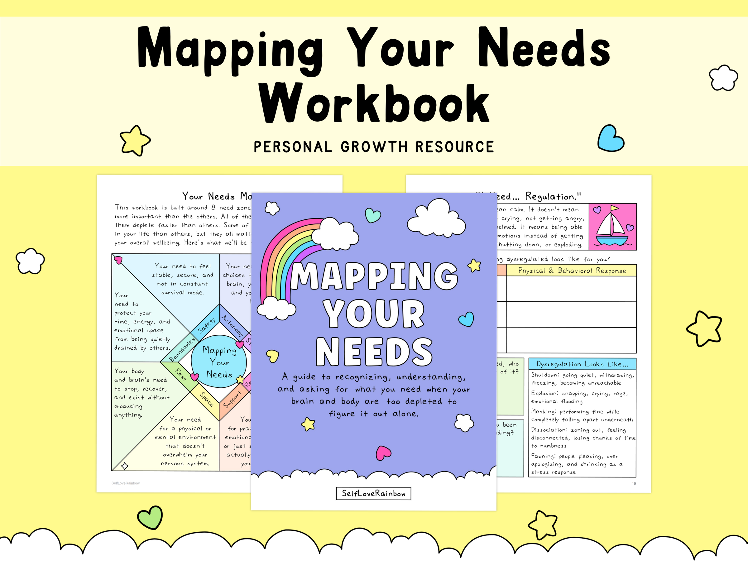 A pastel purple workbook cover titled "Mapping Your Needs" with rainbow, clouds, and hearts illustrations, shown alongside colorful self-care worksheets on a soft yellow background.