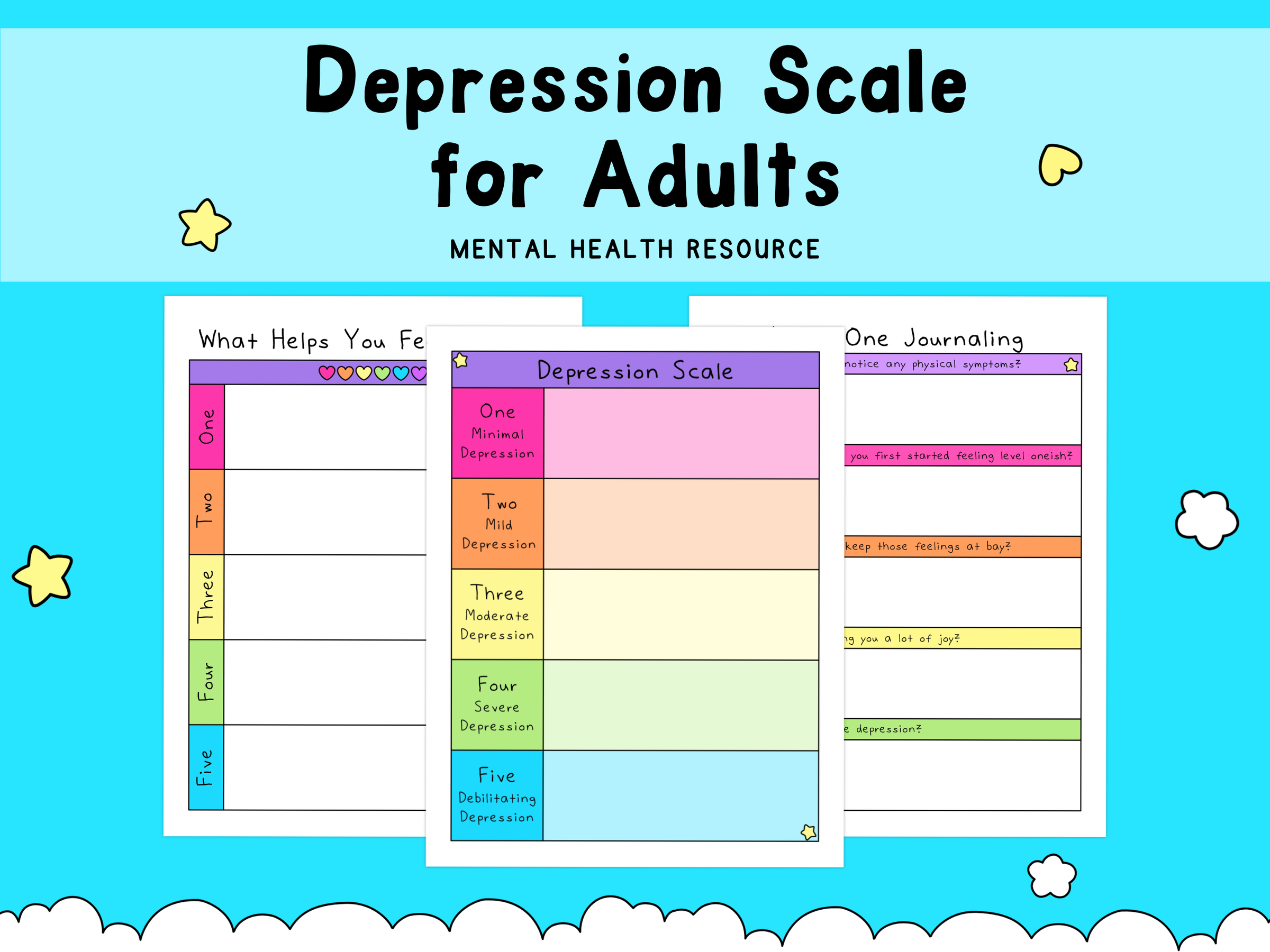 Colorful depression scale chart with sections for minimal to debilitating depression, alongside mood and journaling worksheets in pastel pink, orange, yellow, green, and blue.