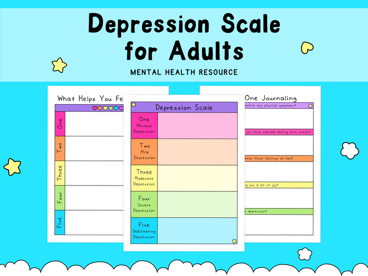 Colorful depression scale chart with sections for minimal to debilitating depression, alongside mood and journaling worksheets in pastel pink, orange, yellow, green, and blue.