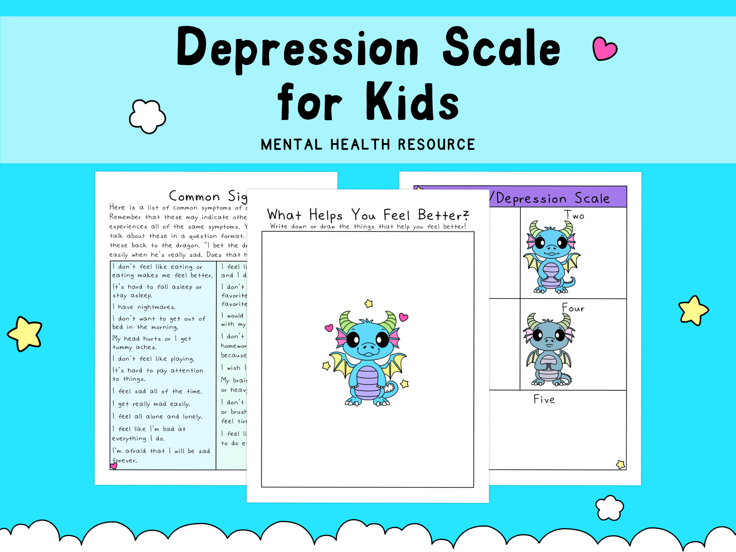 Bright blue themed children’s mental health worksheets showing a depression scale with friendly cartoon characters, self-care prompts, and common signs.