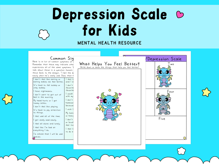 Bright blue themed children’s mental health worksheets showing a depression scale with friendly cartoon characters, self-care prompts, and common signs.