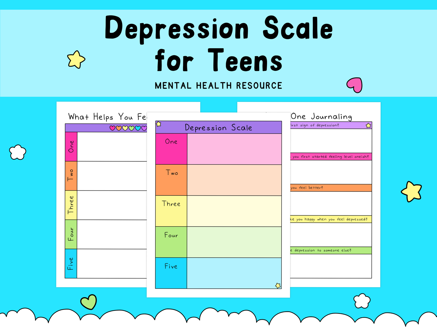 Colorful depression scale chart and supportive journaling worksheets for teens with pastel pink, orange, yellow, green, and blue sections on a bright blue background.