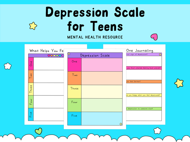 Colorful depression scale chart and supportive journaling worksheets for teens with pastel pink, orange, yellow, green, and blue sections on a bright blue background.