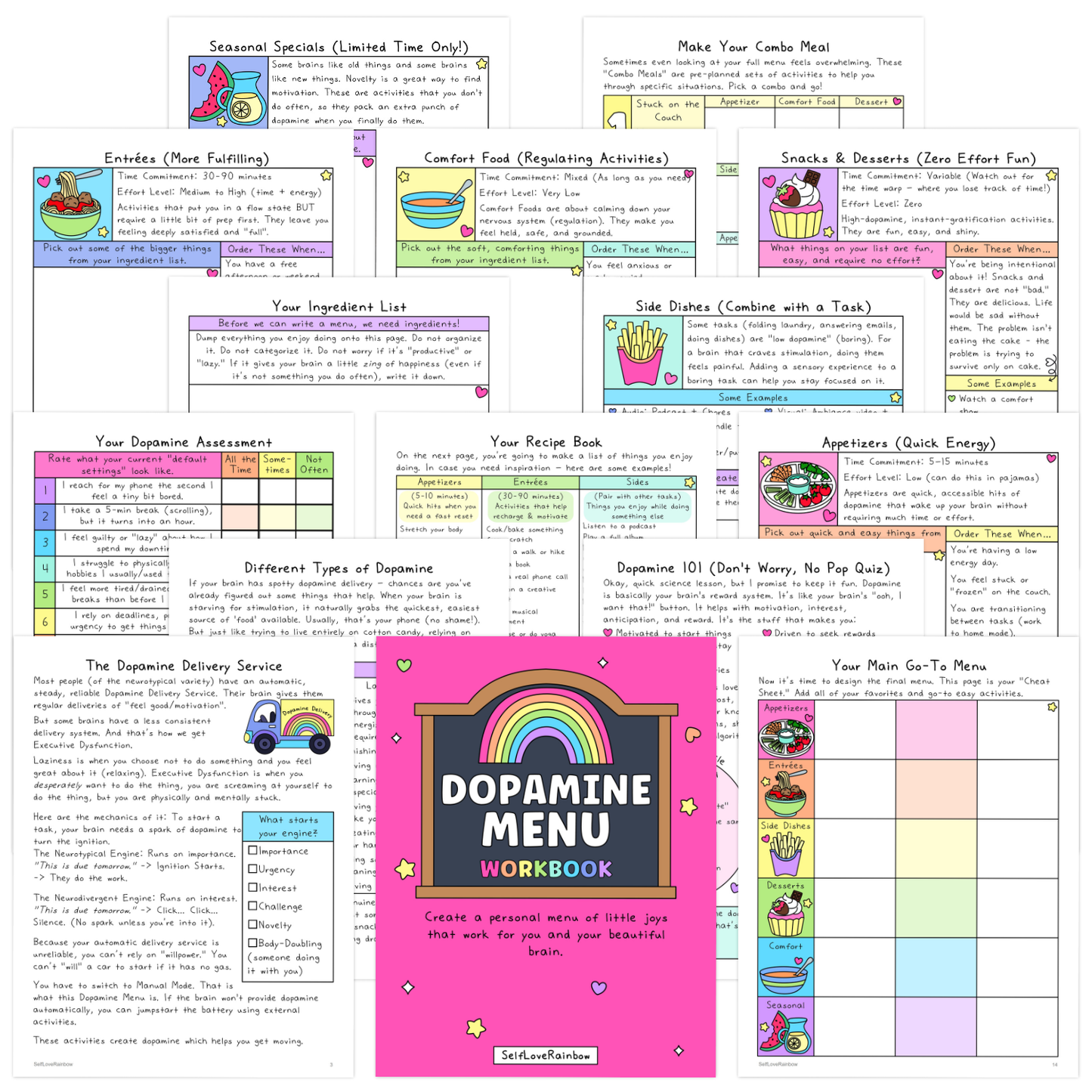 Pages from a colorful dopamine menu workbook featuring self-care tips, food and activity suggestions, and mental health assessments with rainbow accents.