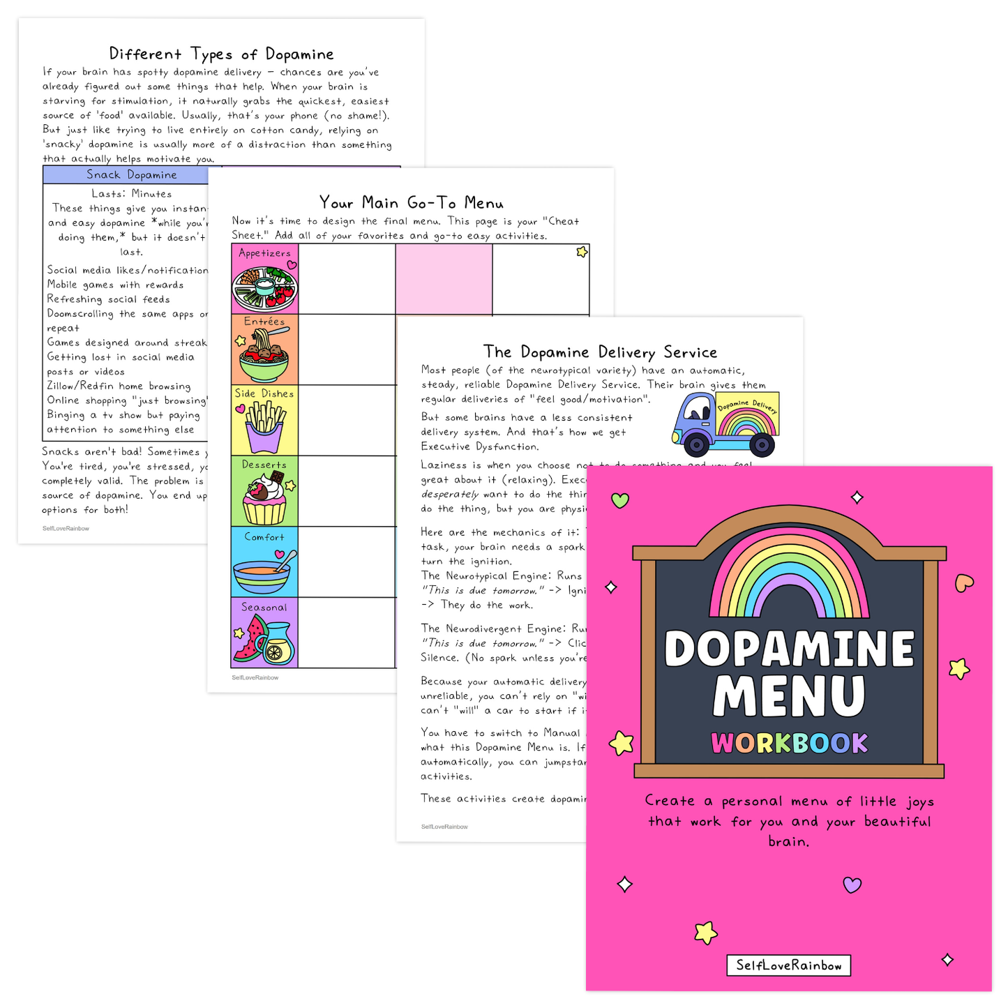 Colorful worksheet with handwritten notes and drawings explaining dopamine types alongside a bright pink workbook cover featuring a rainbow and playful stars, promoting self-care and mental health.