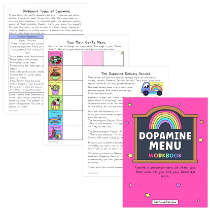 Colorful worksheet with handwritten notes and drawings explaining dopamine types alongside a bright pink workbook cover featuring a rainbow and playful stars, promoting self-care and mental health.