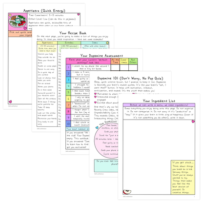 Four colorful workbook pages in pastel shades of purple, pink, yellow, and green with handwritten notes on self-care, dopamine tracking, and ingredient lists for mental health improvement.