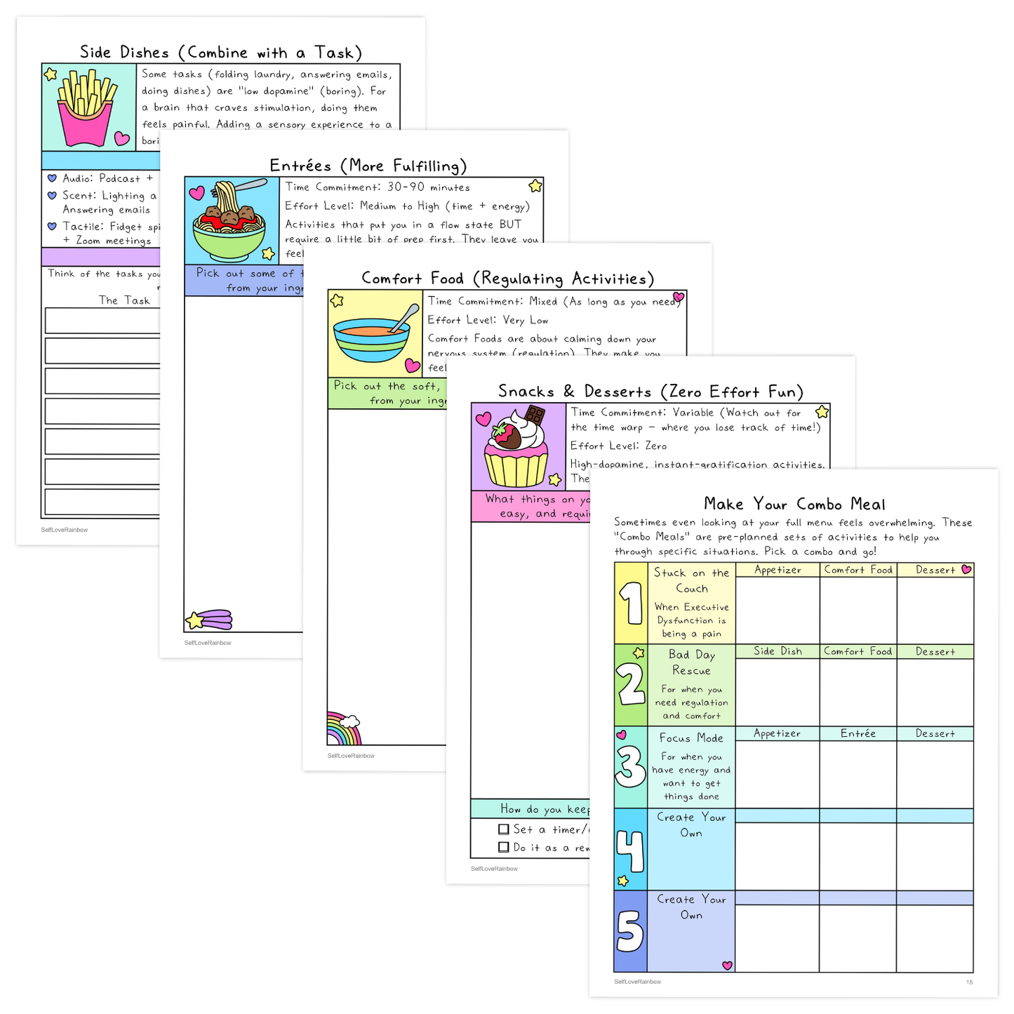 Pages from a colorful workbook featuring simple mental health activities with illustrations of fries, pasta, soup, and a cupcake in pastel blues, purples, pinks, and yellows.