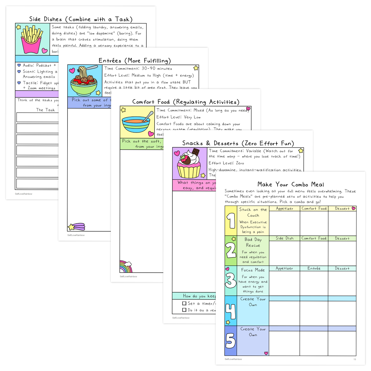 Pages from a colorful workbook featuring simple mental health activities with illustrations of fries, pasta, soup, and a cupcake in pastel blues, purples, pinks, and yellows.