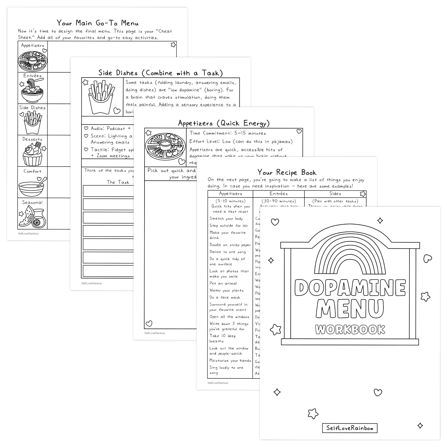 Black and white pages from a Dopamine Menu Workbook featuring a rainbow design cover and mental health self-care worksheet layouts.