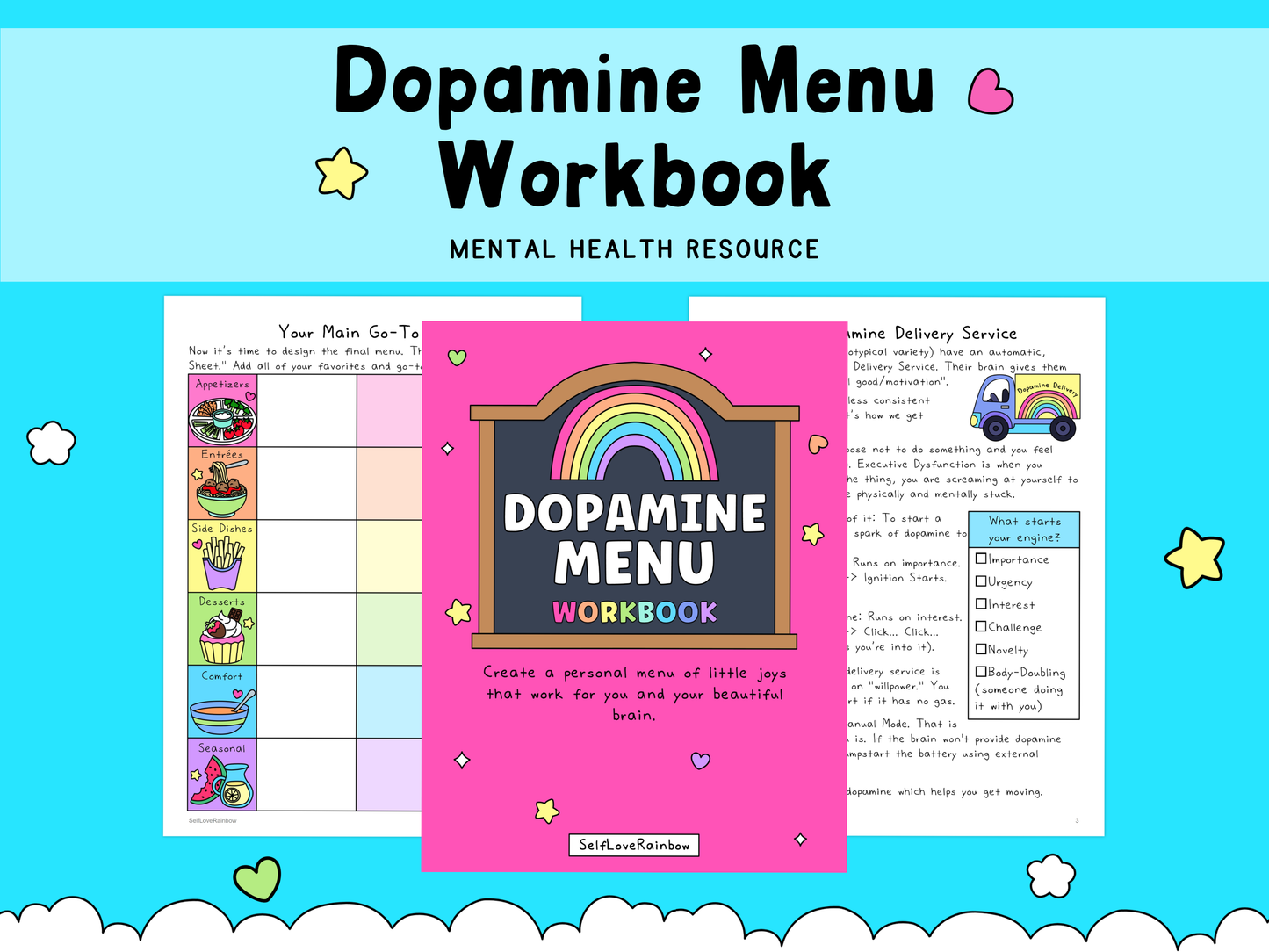 Bright pink workbook cover with a rainbow graphic and playful black and white text, displayed with colorful mental health worksheets on a light blue background.