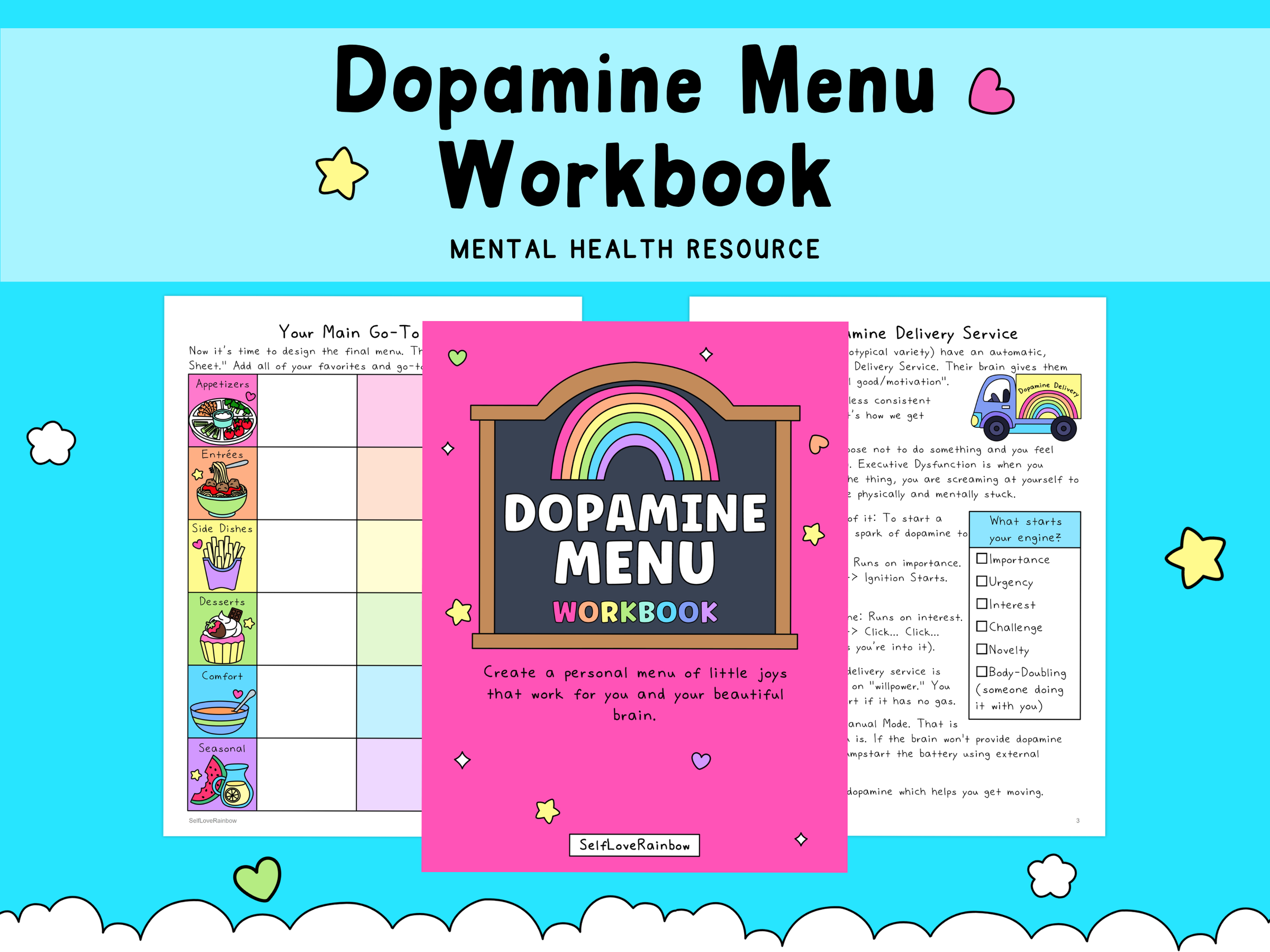 Bright pink workbook cover with a rainbow graphic and playful black and white text, displayed with colorful mental health worksheets on a light blue background.