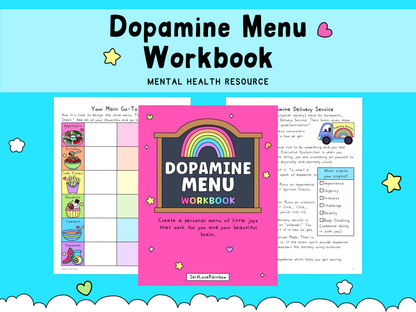 Bright pink workbook cover with a rainbow graphic and playful black and white text, displayed with colorful mental health worksheets on a light blue background.