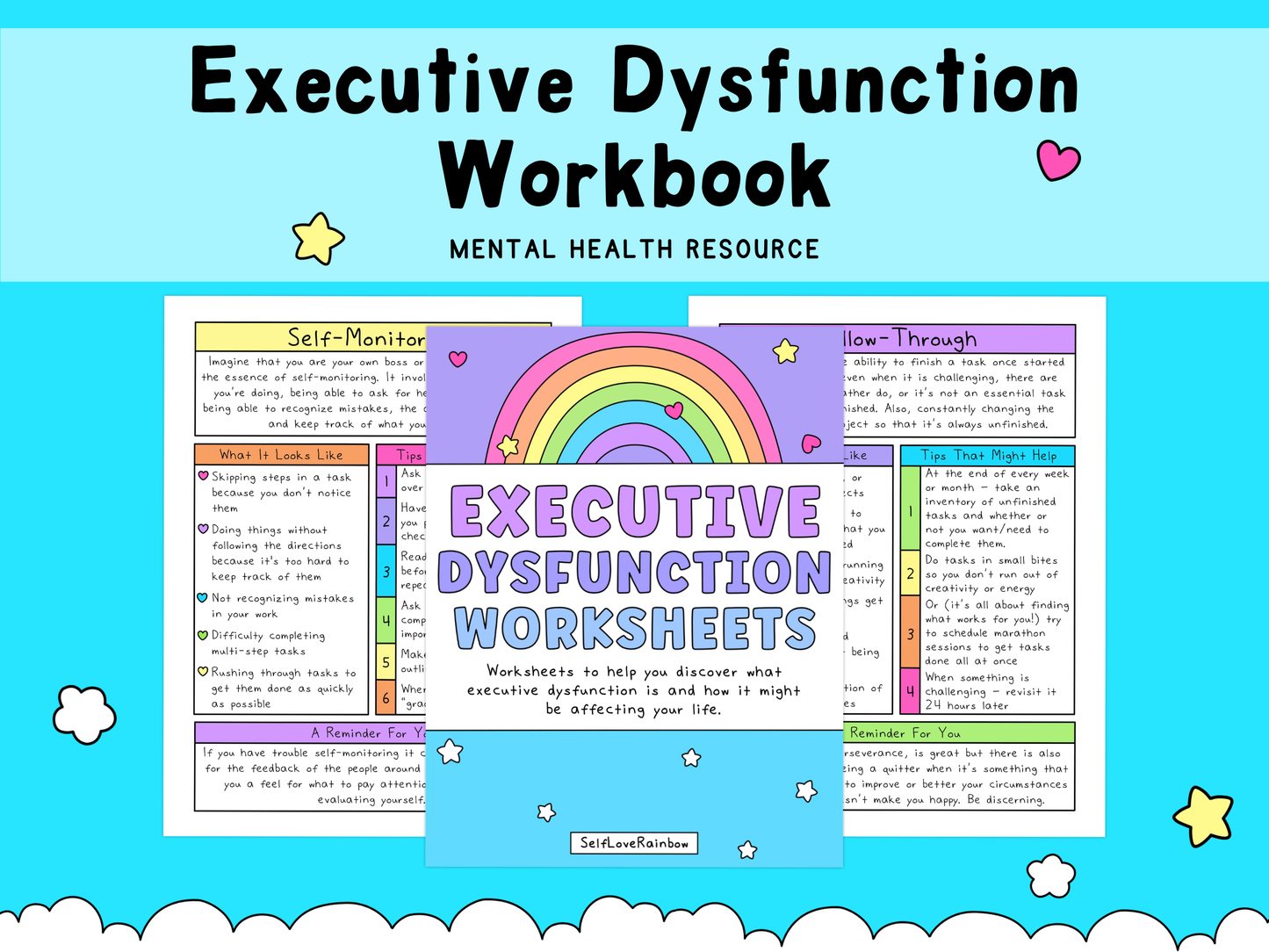 Colorful mental health workbook page titled Executive Dysfunction Workbook with purple and blue hues, featuring worksheets and supportive notes on self-care and executive function.