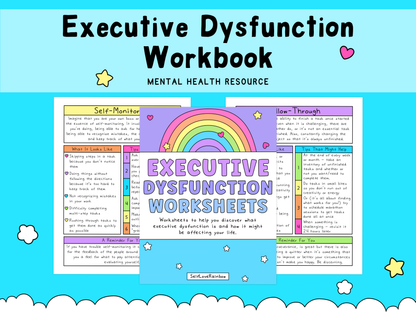 Colorful mental health workbook page titled Executive Dysfunction Workbook with purple and blue hues, featuring worksheets and supportive notes on self-care and executive function.
