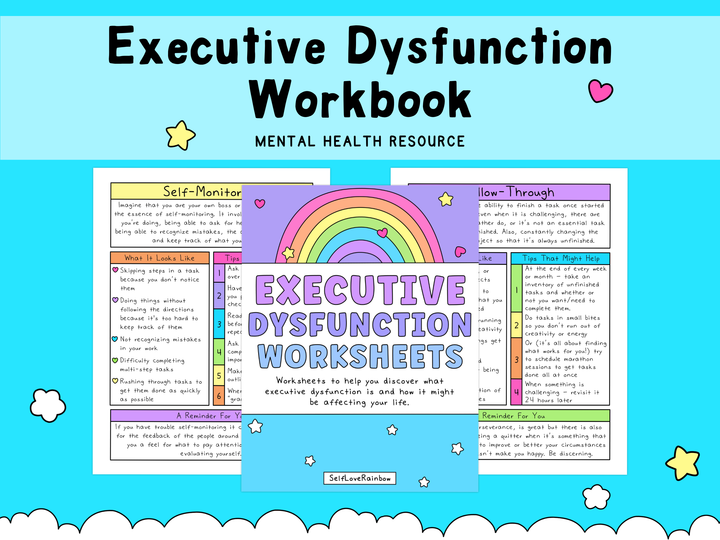 Colorful mental health workbook page titled Executive Dysfunction Workbook with purple and blue hues, featuring worksheets and supportive notes on self-care and executive function.