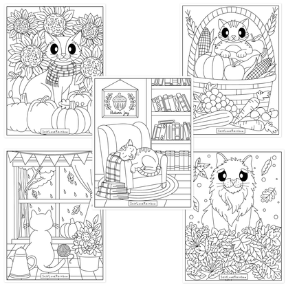 Cozy Autumn Cats Coloring Pages