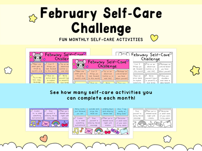 Colorful February self-care challenge sheets with playful illustrations including a panda, music notes, hearts, and stars on a soft yellow background.