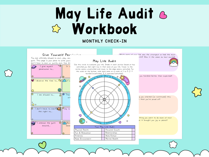 May Life Audit Workbook monthly check-in with sections for self-permission, life audit, and reflections