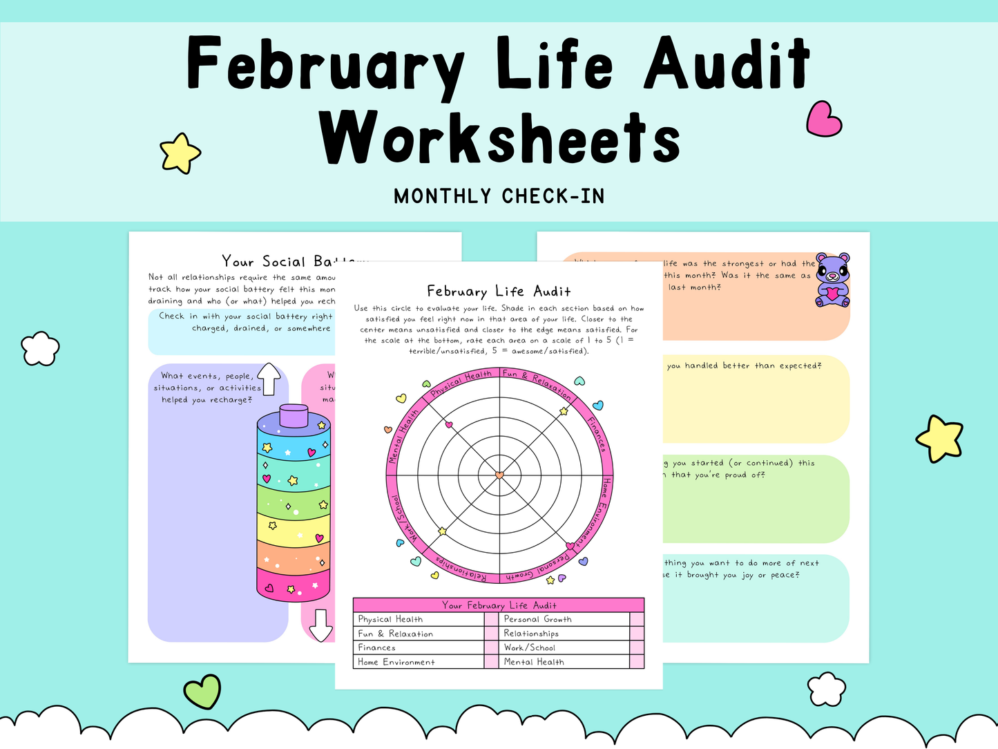 Colorful February Life Audit worksheets with pastel blue, purple, pink, and yellow sections featuring a monthly self-care and mental health check-in design.