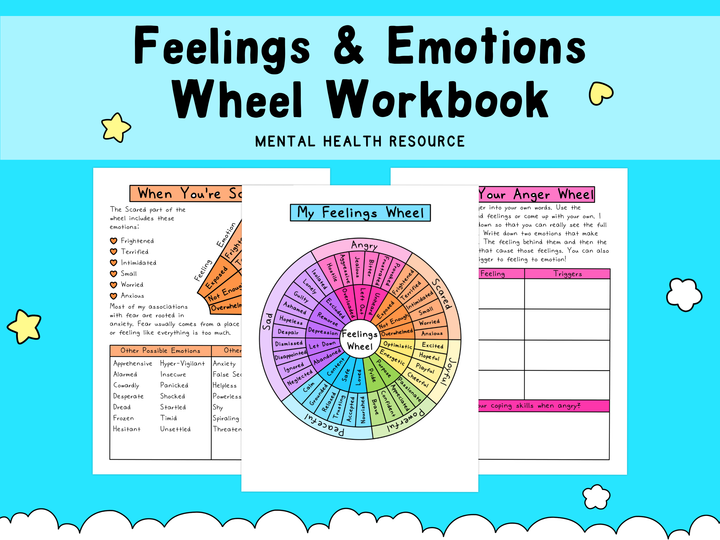Colorful mental health workbook pages featuring feelings and emotions wheels in purple, pink, orange, and blue tones with supportive self-care design elements.