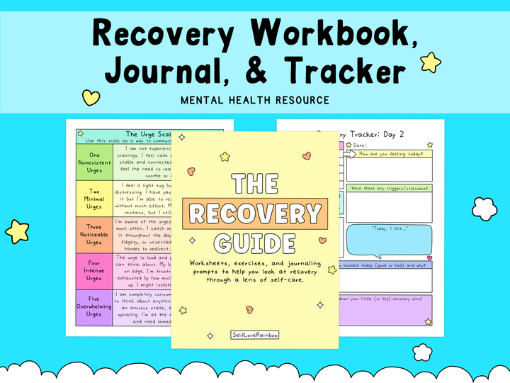 A pastel-themed mental health workbook spread with pale blue, yellow, pink, and lavender pages featuring self-care worksheets, journaling prompts, and a recovery tracker.