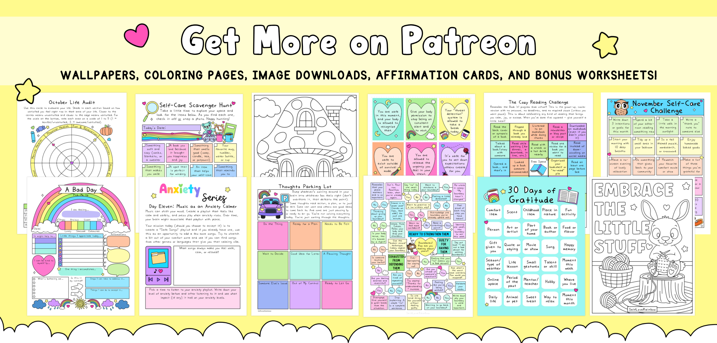 Promotional graphic for Patreon with various printables on a yellow background