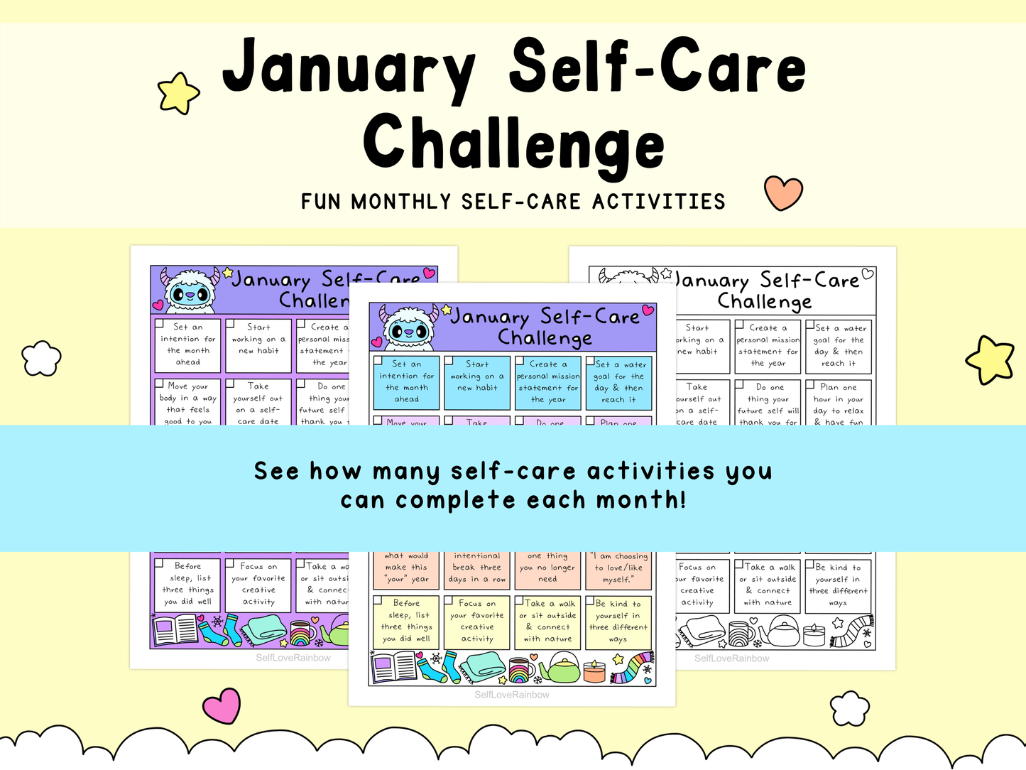 Colorful January self-care challenge sheets with cute illustrations and gentle pastel tones featuring mental health and self-care activities.