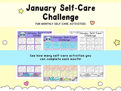 Colorful January self-care challenge sheets with cute illustrations and gentle pastel tones featuring mental health and self-care activities.