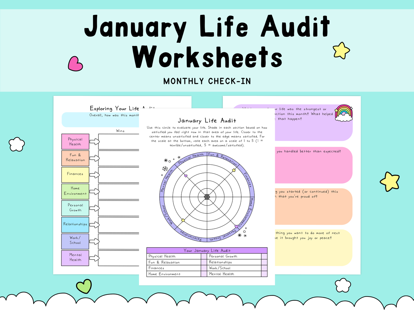 Colorful January Life Audit worksheets featuring pastel blues, pinks, oranges, and greens designed for self-care and mental health check-in.