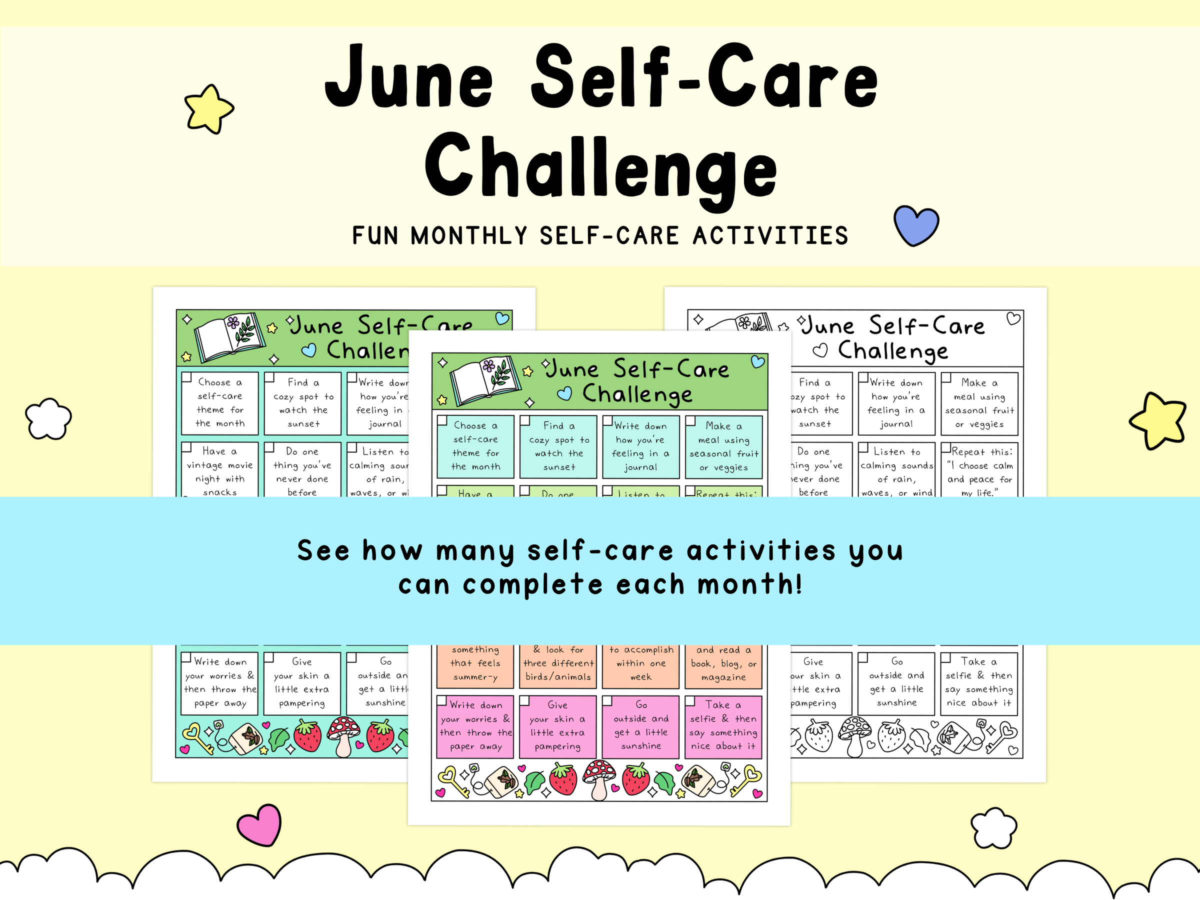 Colorful June Self-Care Challenge worksheet with pastel yellow, green, and blue backgrounds, featuring fun mental health and self-care activities.